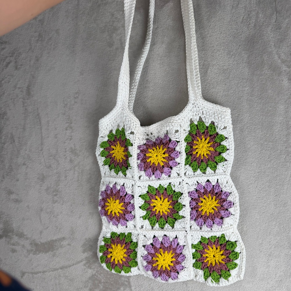 Handmade Crochet Granny Square Floral Tote Bag White Purple Green Boho Shoulder